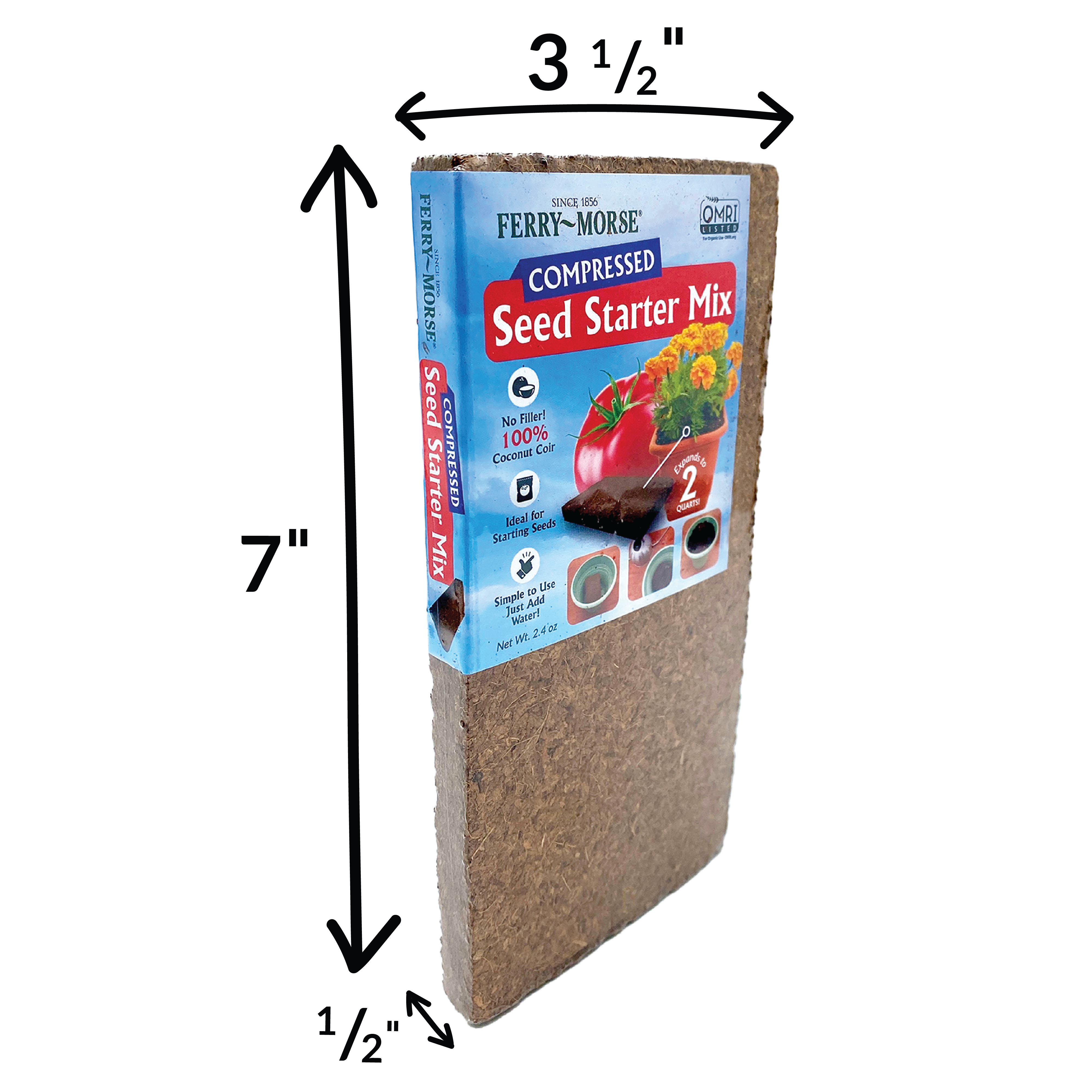 A compressed brick of Ferry-Morse Organic Seed Starter Mix, with packaging showing the product name and images of plants growing.